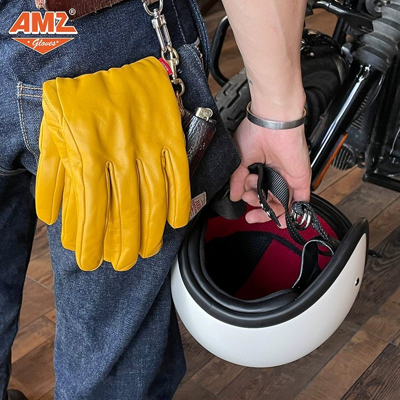 AMZ Yellow Vintage Lambskin Retro Motorcycle Gloves - Savile Speed Co.