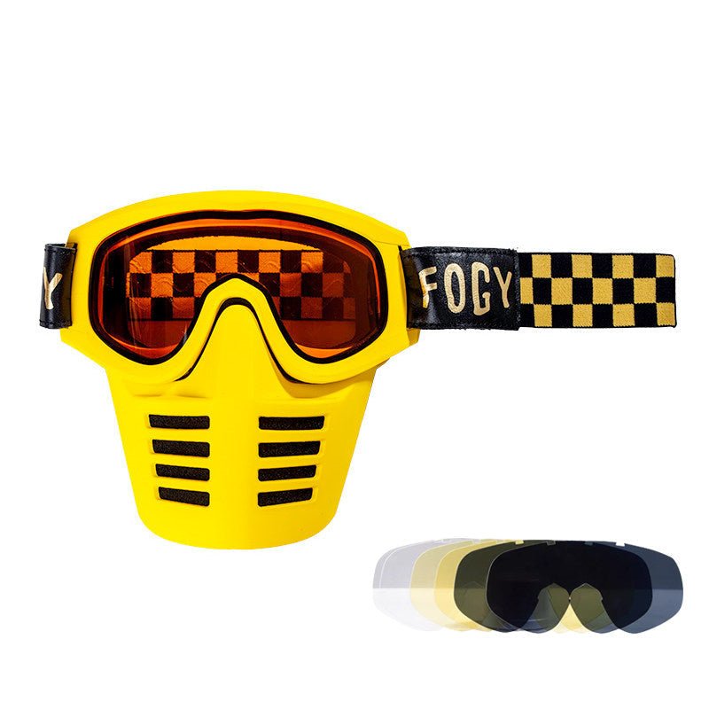 Fogy Garage retro scrambler goggles product flat – vintage moto riding mask goggles – classic motorcycle eyewear – Savile Speed Co.