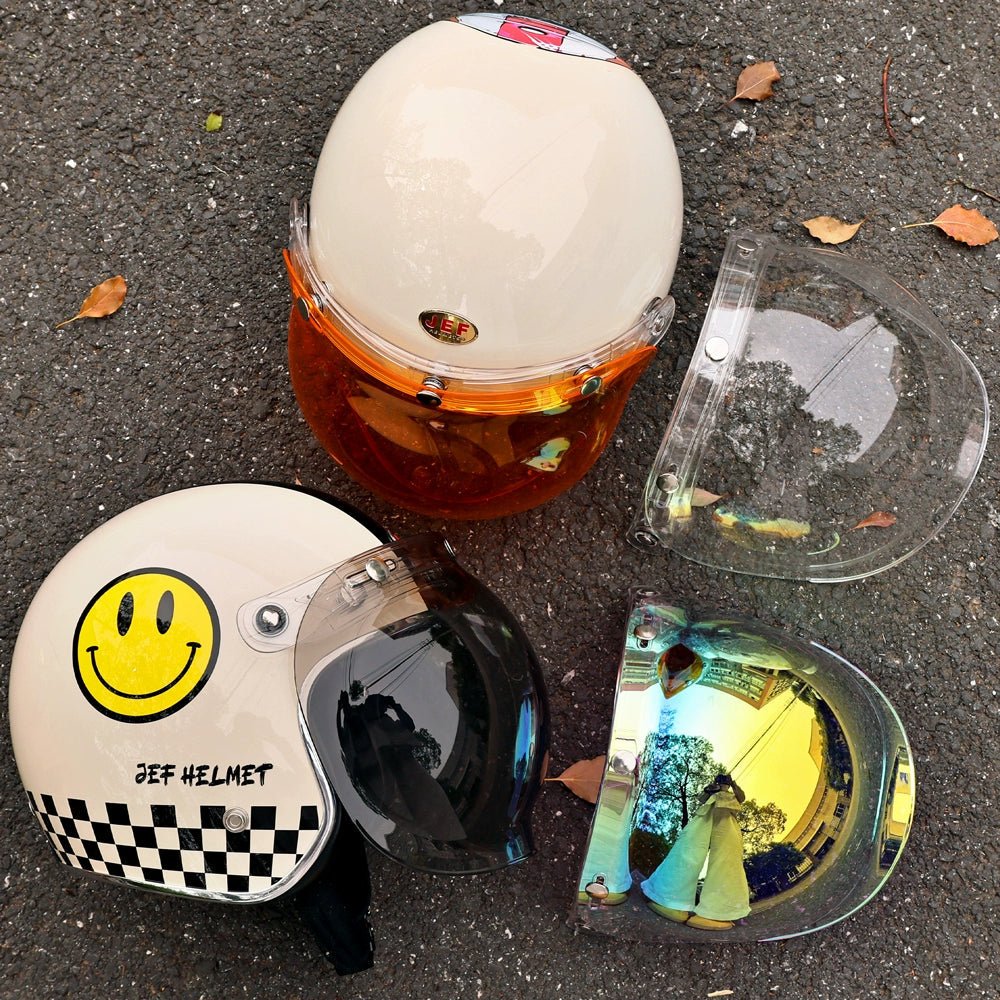 JEF retro bubble mirror half helmet windshield goggles flip up liftable retractable - Savile Speed Co.