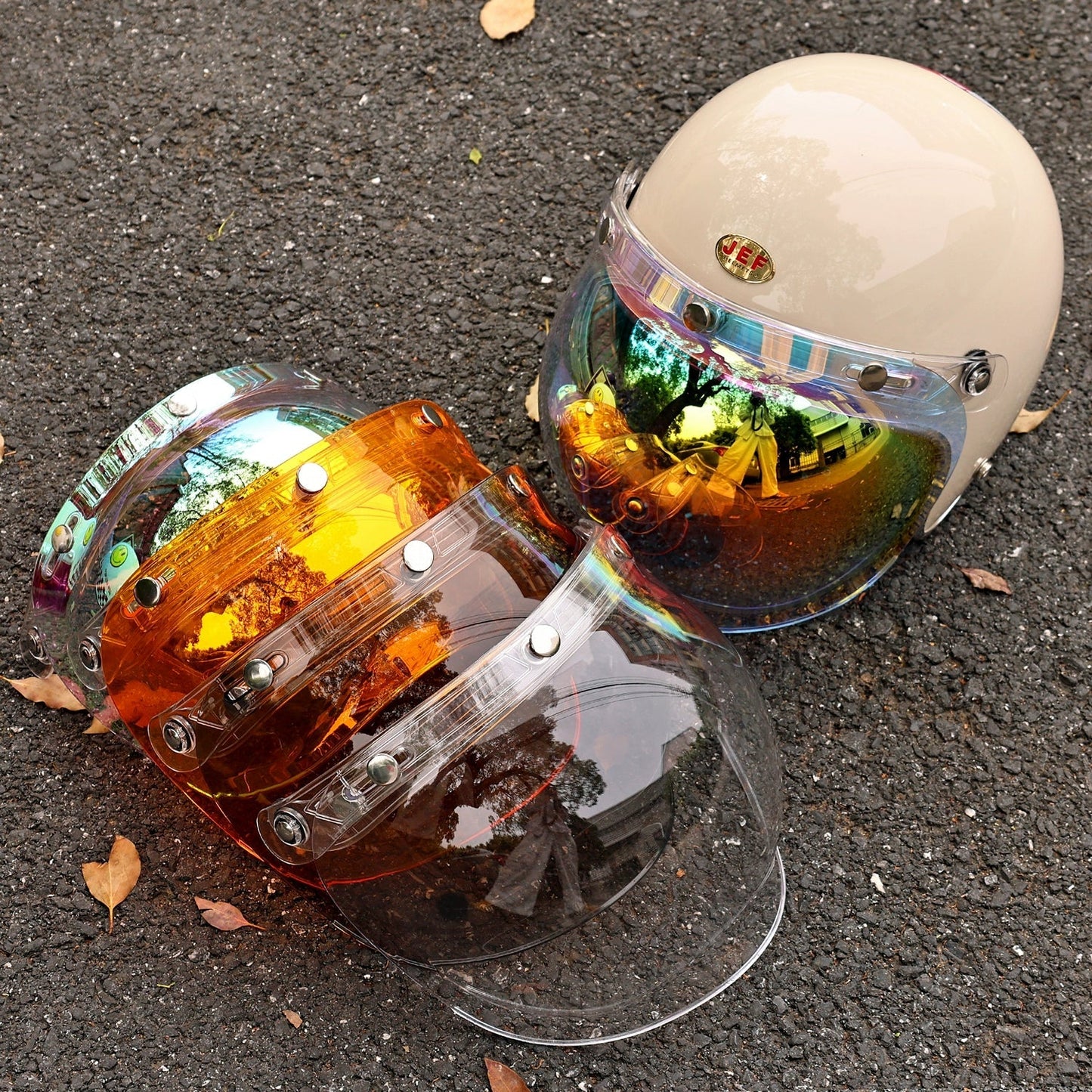 JEF retro bubble mirror half helmet windshield goggles flip up liftable retractable - Savile Speed Co.