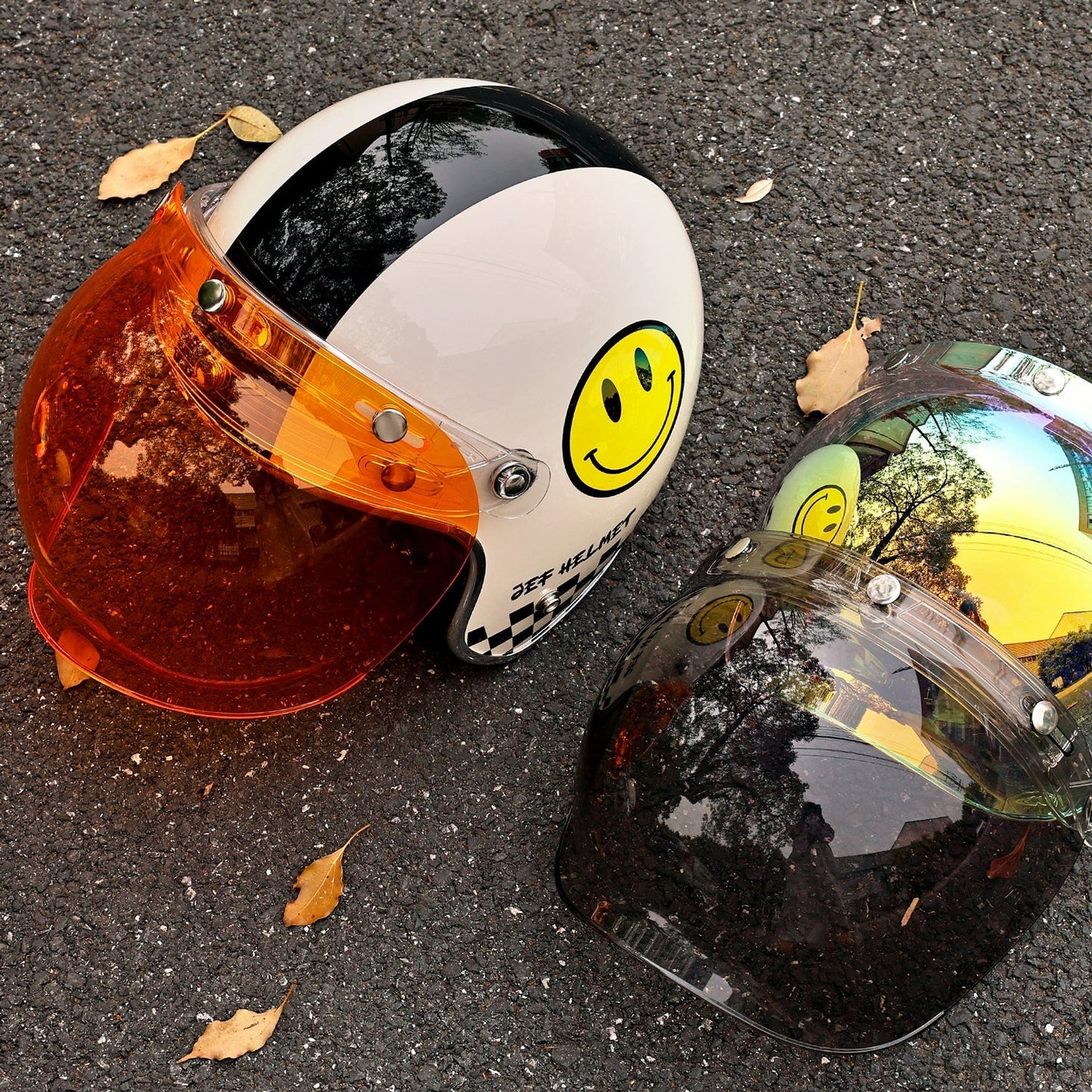 JEF retro bubble mirror half helmet windshield goggles flip up liftable retractable - Savile Speed Co.