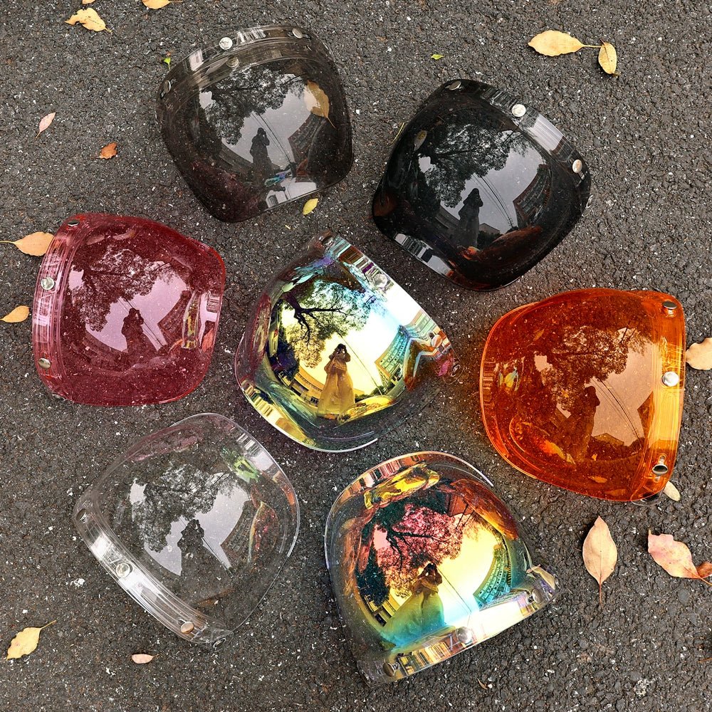 JEF retro bubble mirror half helmet windshield goggles flip up liftable retractable - Savile Speed Co.
