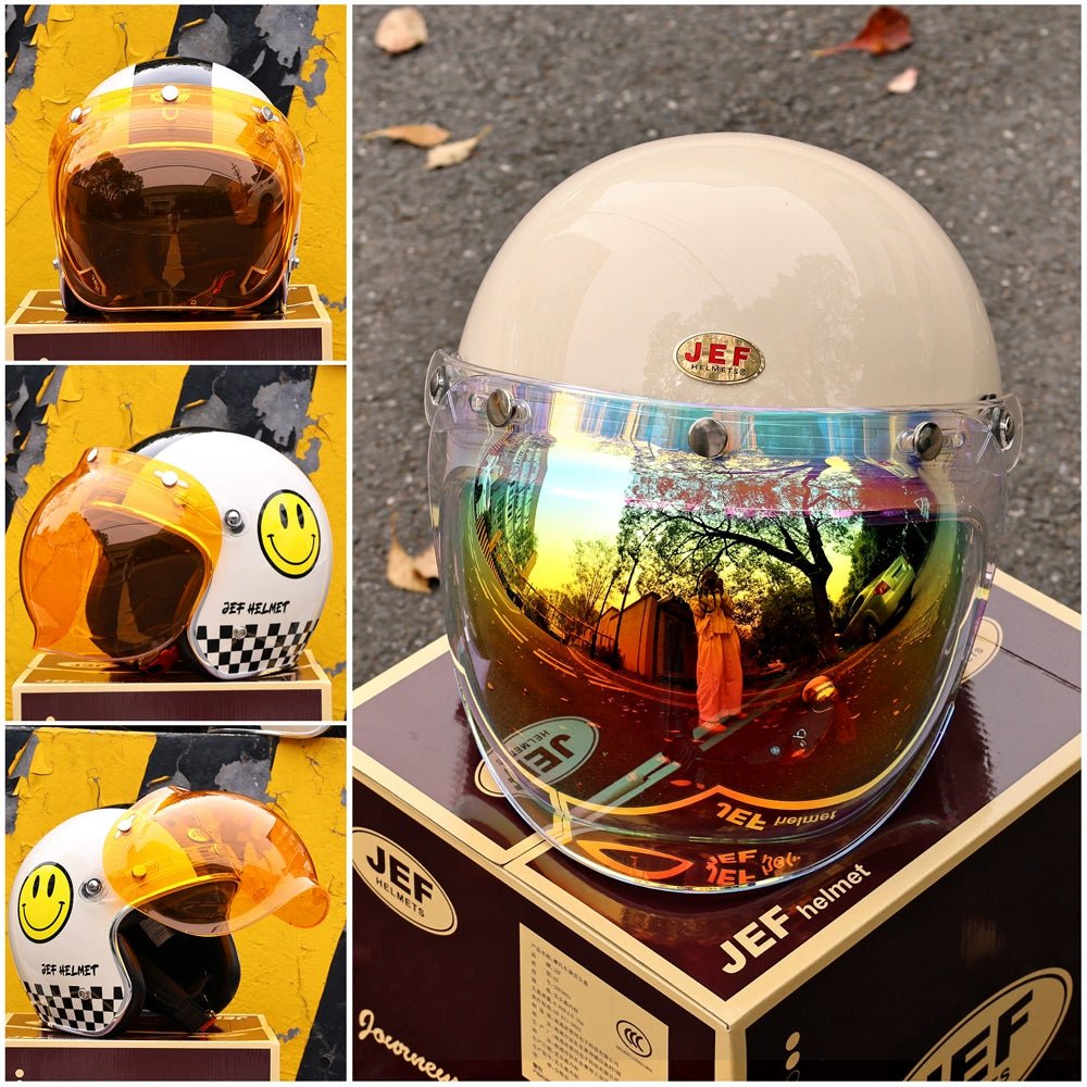 JEF retro bubble mirror half helmet windshield goggles flip up liftable retractable - Savile Speed Co.