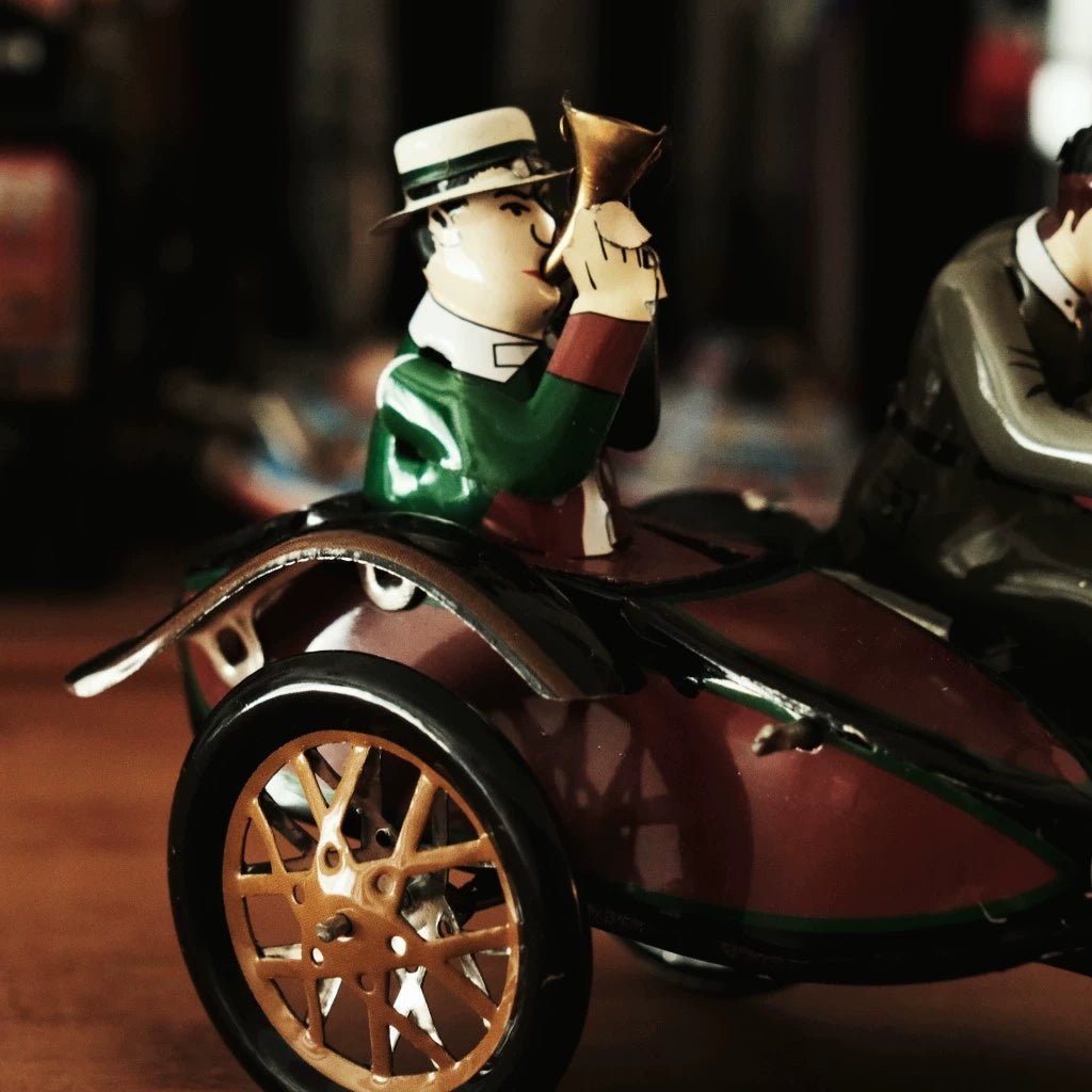 Pass Happiness Handmade Vintage Side Car Motorcycle Black Wind - up Toy - Savile Speed Co.