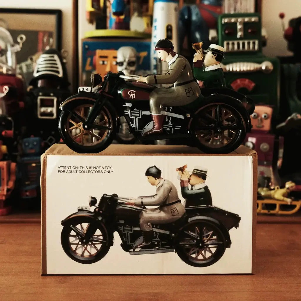 Pass Happiness Handmade Vintage Side Car Motorcycle Black Wind-up Toy Savile Speed Co.