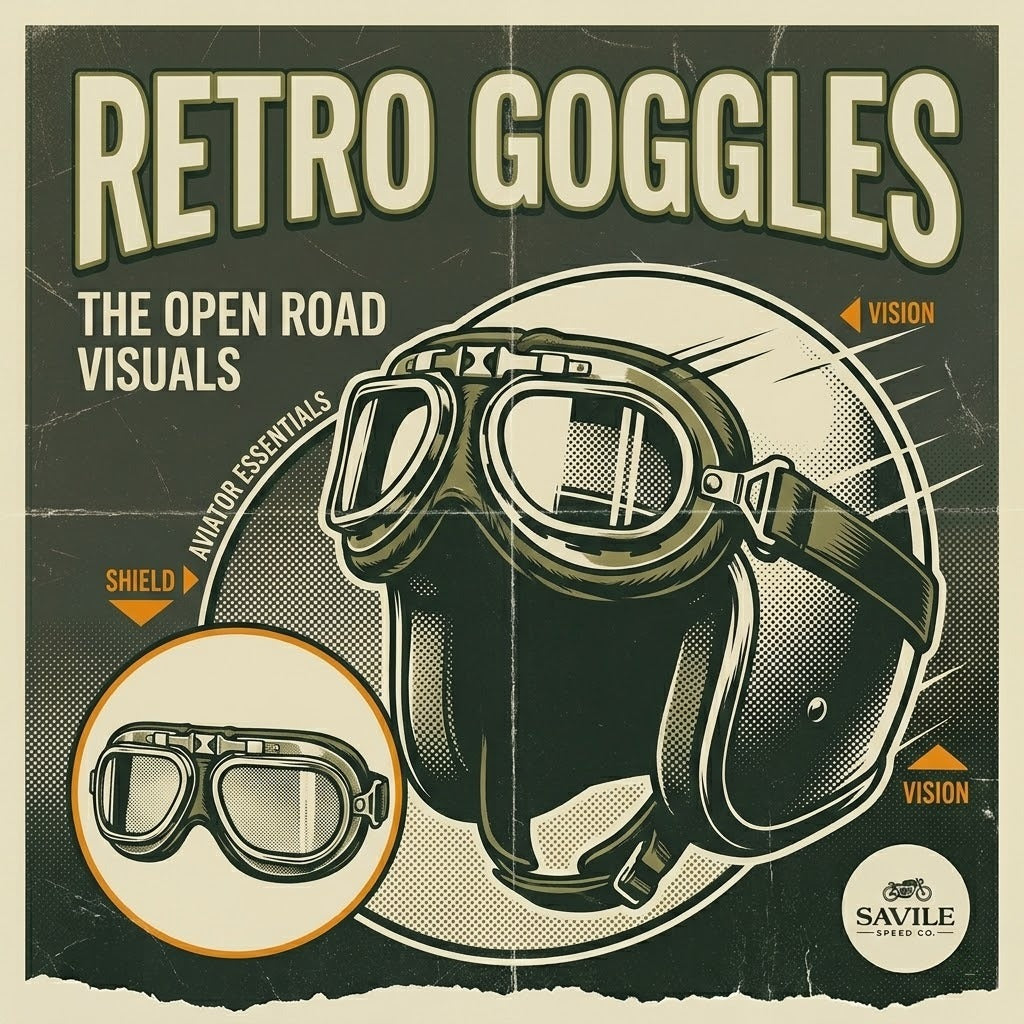 Retro motorcycle riding goggles with exchangeable lenses, vintage style, and comfort from Savile Speed Co.