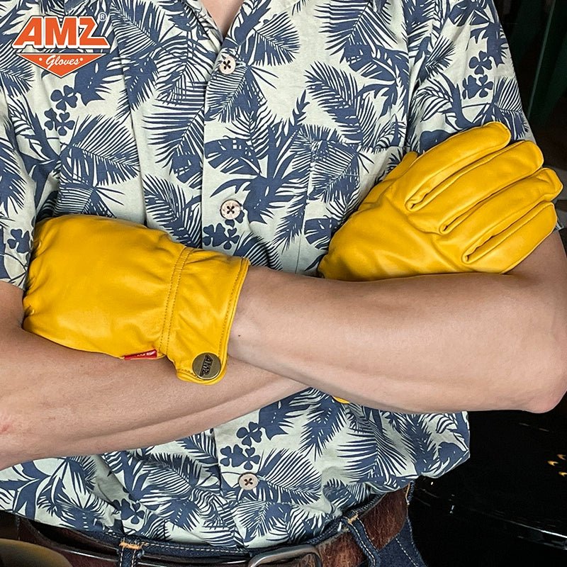 AMZ Yellow Vintage Lambskin Retro Motorcycle Gloves - Savile Speed Co.