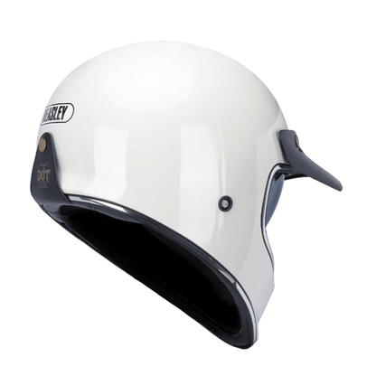 BEASLEY 502 retro motorcycle helmet visor detail – snap-on peak compatible – vintage scrambler cafe racer helmet – Savile Speed Co.