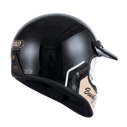 BEASLEY 502 retro motorcycle helmet flat lay – open face scrambler style – vintage certified cafe racer helmet – Savile Speed Co.