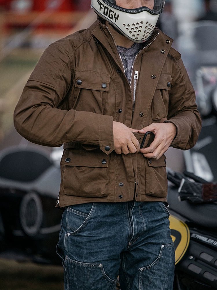 Fogy Classic Waxed Cotton Motorcycle Jacket Retro Café Racer Riding Gear - Savile Speed Co.