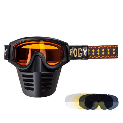 Fogy Garage scrambler motorcycle goggles lifestyle shot – vintage retro moto gear – cafe racer open face rider – Savile Speed Co.