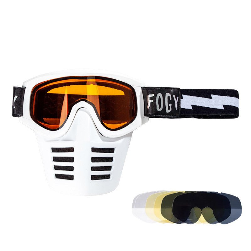 Fogy Garage goggles and mask combo worn on helmet – scrambler vintage motorcycle eyewear – retro cafe racer style – Savile Speed Co.