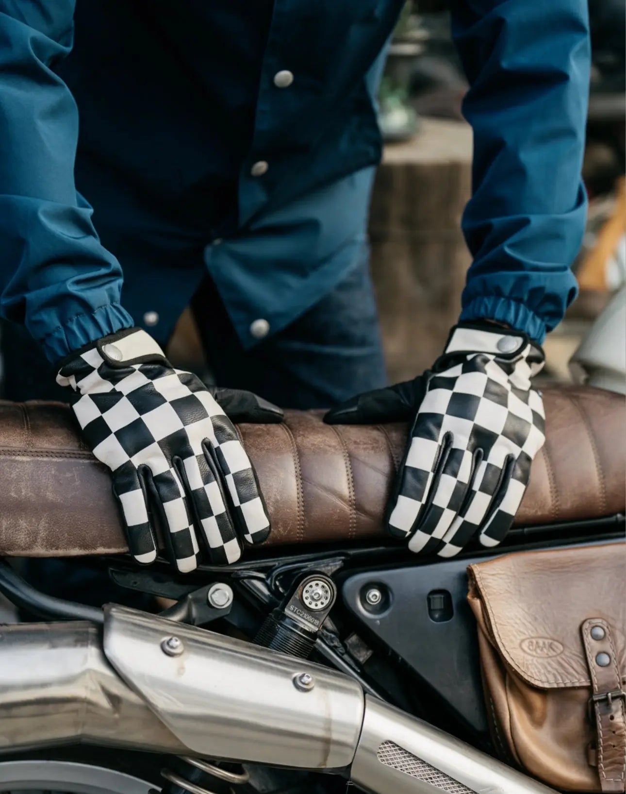 Fogy Garage Checkered/Lightning Retro Motorcycle Gloves - Savile Speed Co. - cafe racer