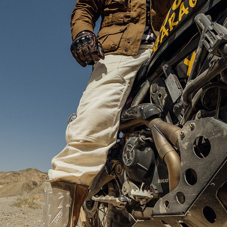 Fogy Garage Dyneema lined moto pants detail – protective herringbone textile – retro motorcycle riding gear – Savile Speed Co.