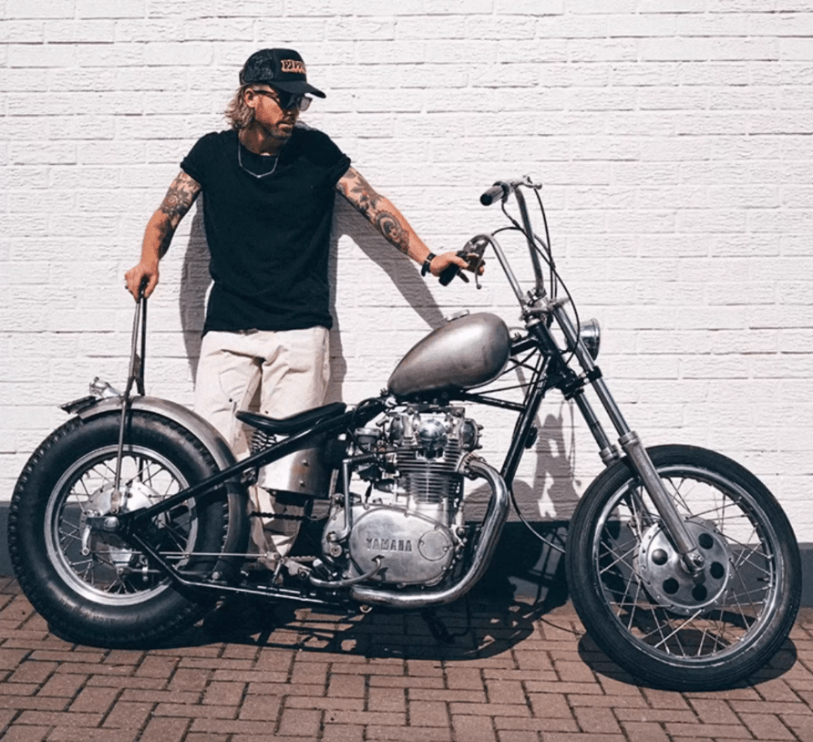 Fogy Garage herringbone moto pants side profile – CE-rated Dyneema lining – scrambler cafe racer riding pants – Savile Speed Co.