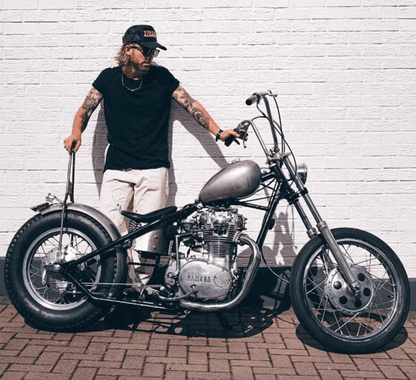 Fogy Garage herringbone moto pants side profile – CE-rated Dyneema lining – scrambler cafe racer riding pants – Savile Speed Co.