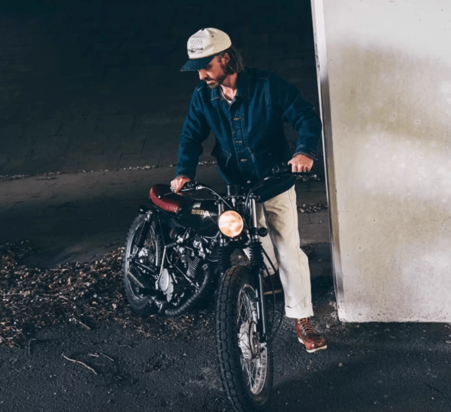 Fogy Garage vintage riding pants back view – herringbone cotton retro cut – classic motorcycle trouser style – Savile Speed Co.