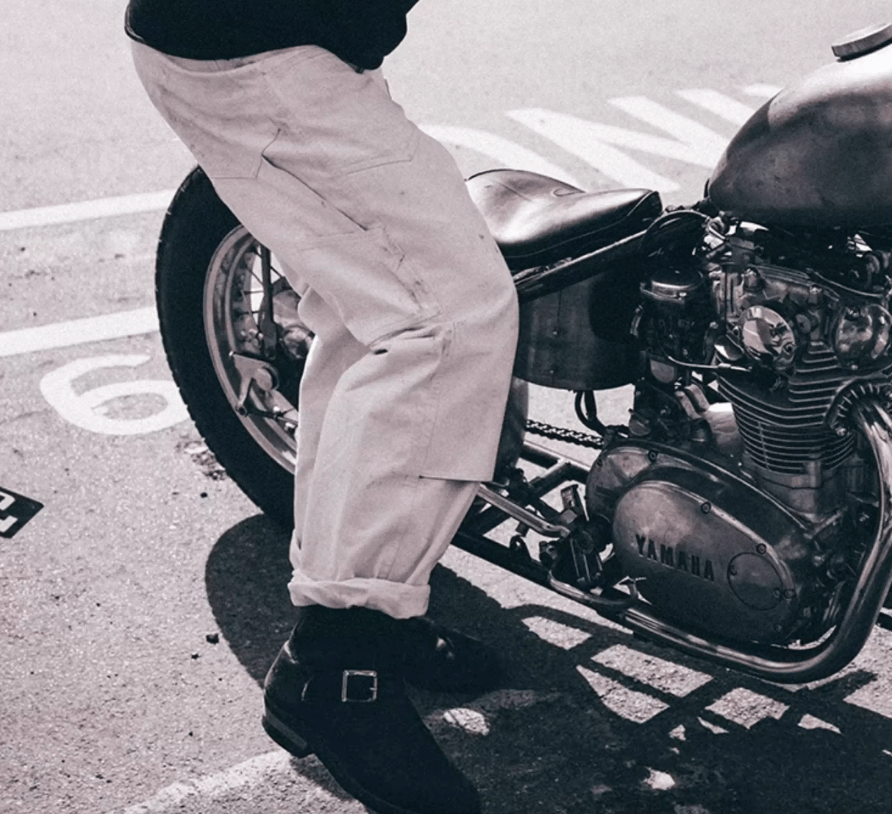 Fogy Garage herringbone Dyneema motorcycle pants lifestyle – vintage textile riding trousers – cafe racer scrambler gear – Savile Speed Co.