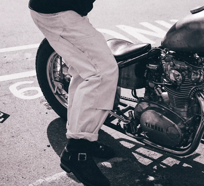 Fogy Garage herringbone Dyneema motorcycle pants lifestyle – vintage textile riding trousers – cafe racer scrambler gear – Savile Speed Co.