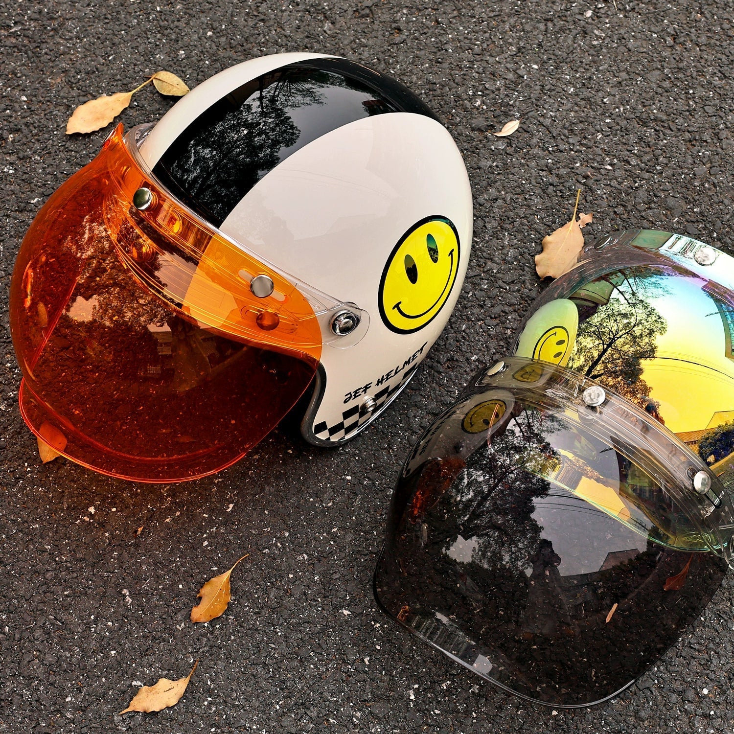 JEF retro bubble mirror half helmet windshield goggles flip up liftable retractable - Savile Speed Co.