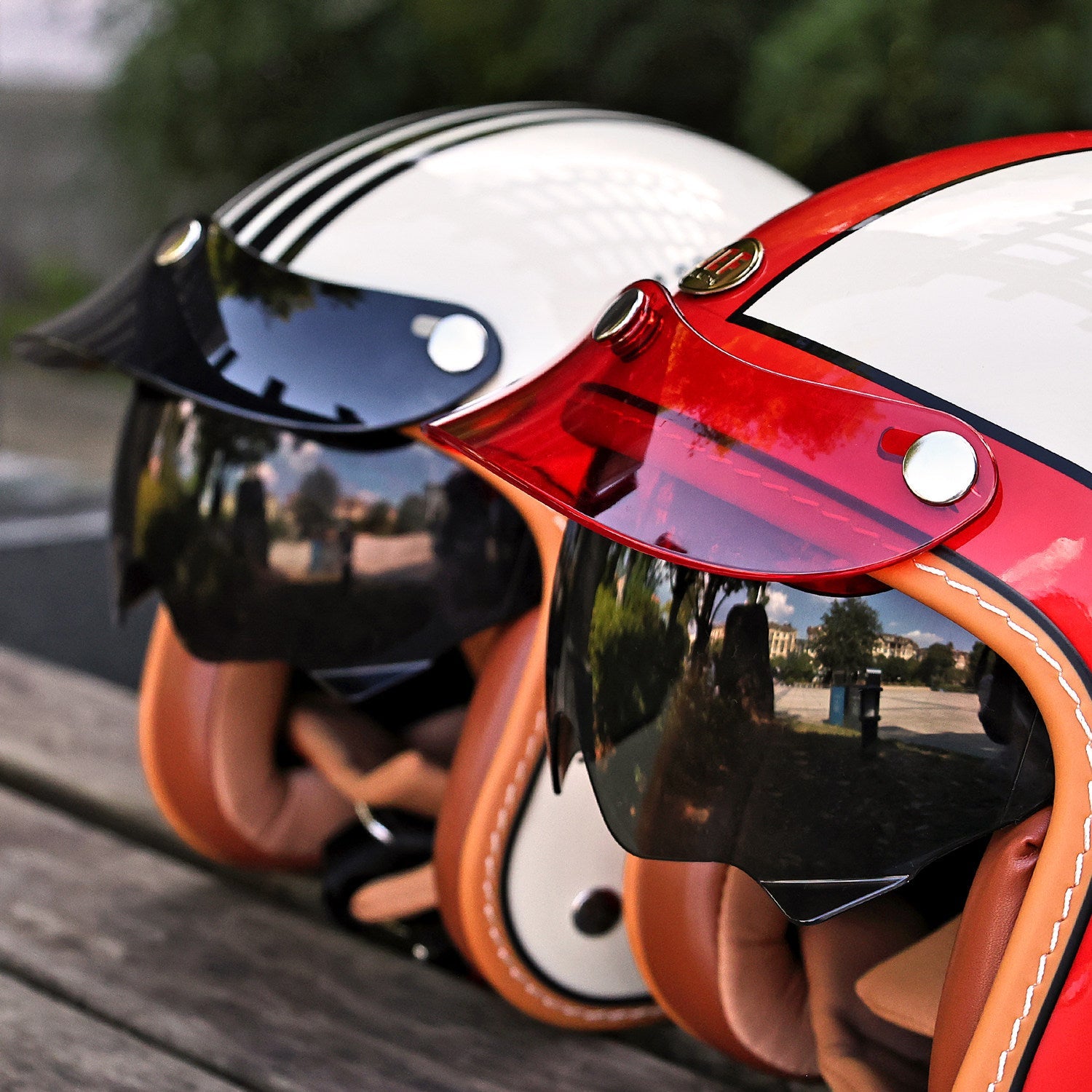 JEF helmet peak mounting detail – easy 3-snap attachment – retro motorcycle visor accessory – Savile Speed Co.