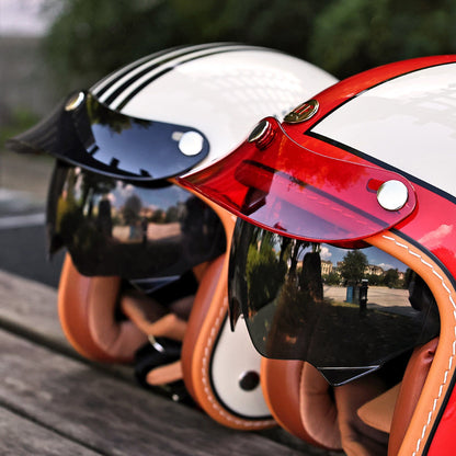 JEF helmet peak mounting detail – easy 3-snap attachment – retro motorcycle visor accessory – Savile Speed Co.