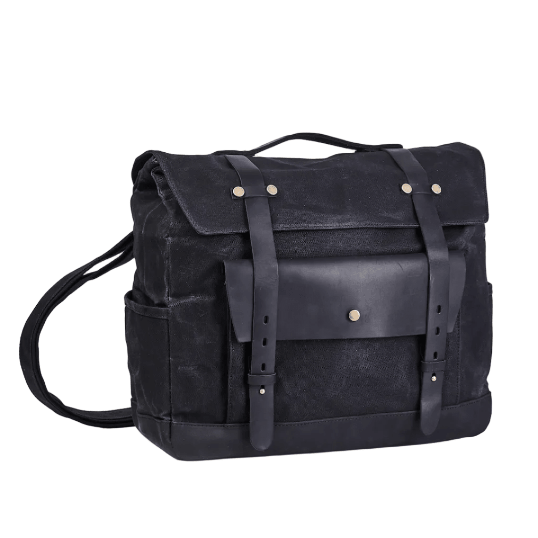 Retro motorcycle pannier bag close-up stitching – handcrafted waxed cotton – premium vintage motorcycle luggage – Savile Speed Co.