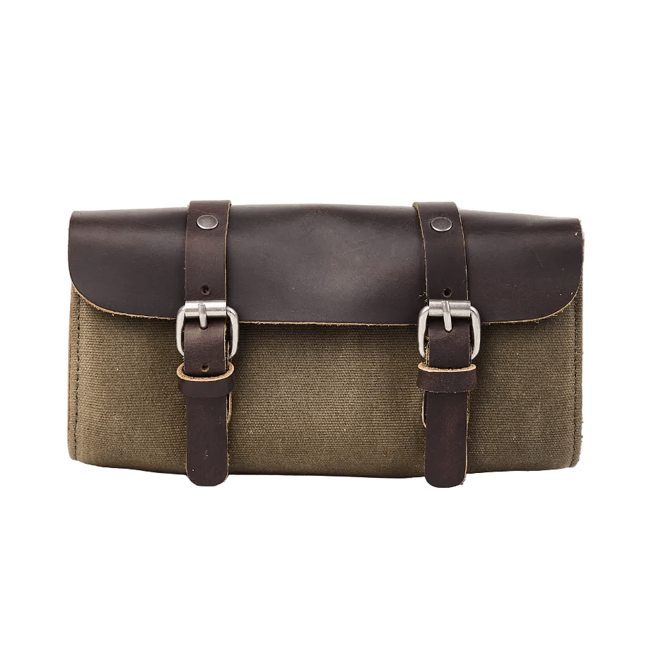 Retro motorcycle tool bag open top view – waxed cotton with leather trim – Savile Speed Co.