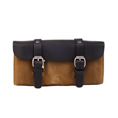 Retro waxed canvas motorcycle bag flat lay – lightweight 400g utility pouch – vintage motorcycle gear – Savile Speed Co.