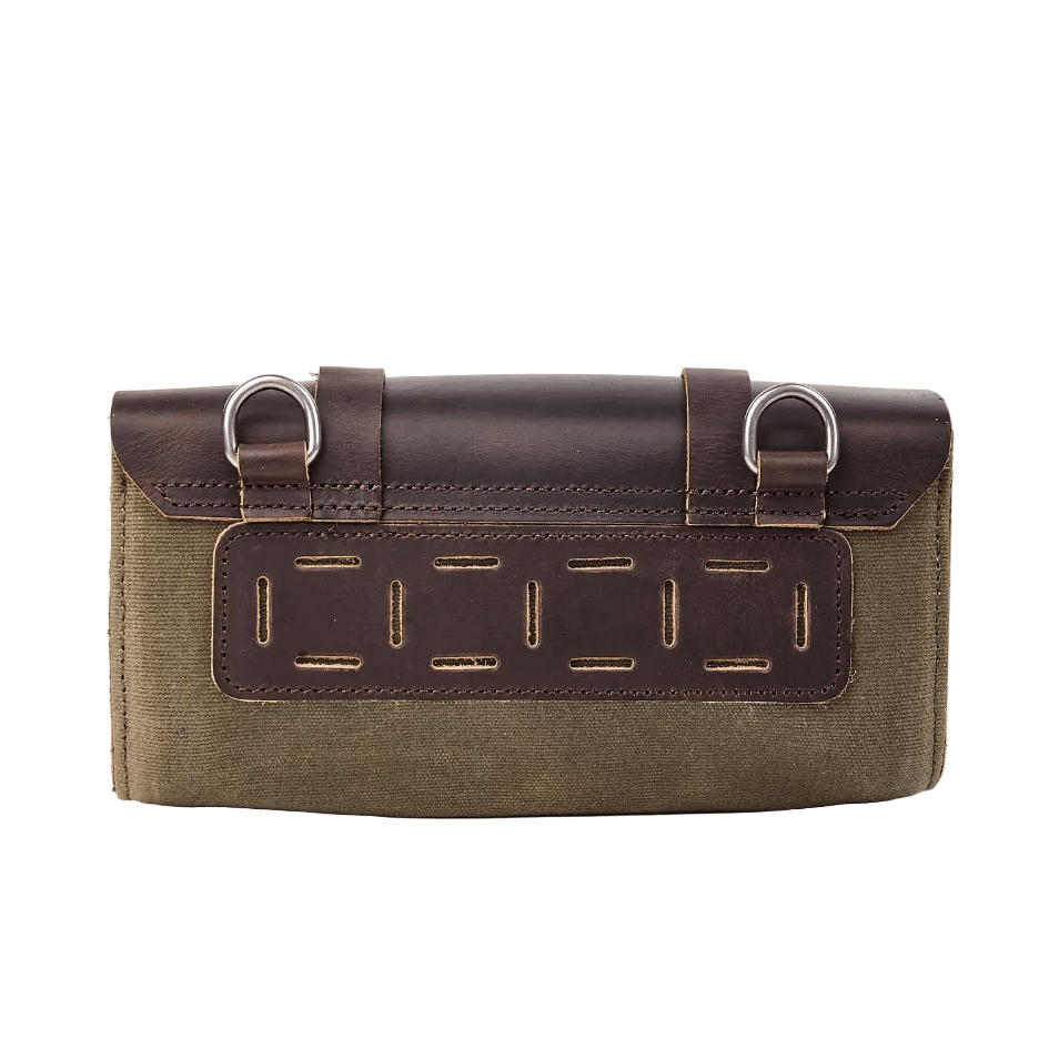 Savile Speed motorcycle tool bag on seat – classic retro style – vintage moto storage – Savile Speed Co.
