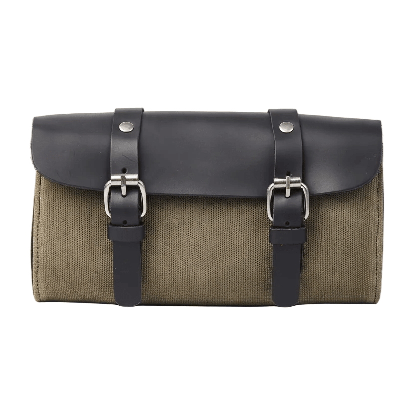 Waxed cotton retro motorcycle bag lifestyle shot – cafe racer and bobber compatible – vintage riding gear – Savile Speed Co.