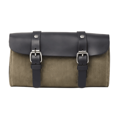 Waxed cotton retro motorcycle bag lifestyle shot – cafe racer and bobber compatible – vintage riding gear – Savile Speed Co.