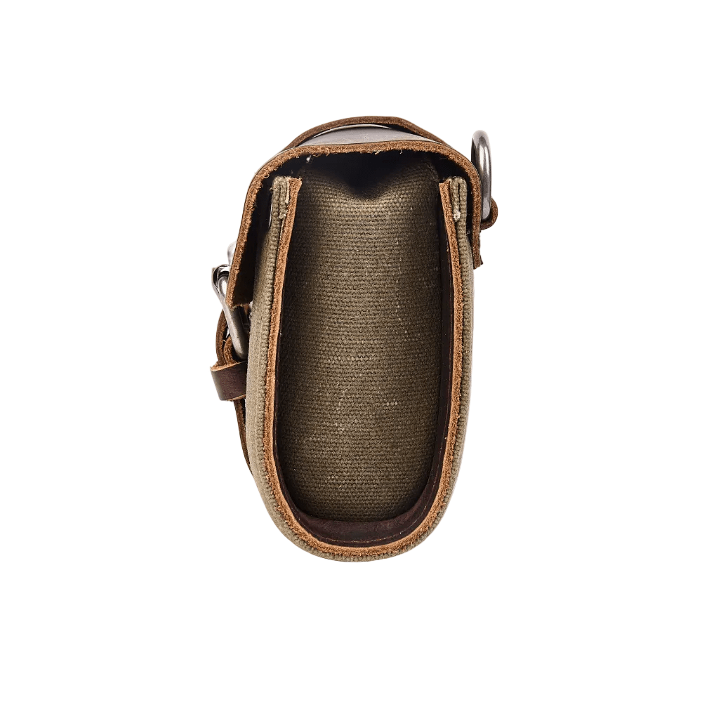 Waxed cotton retro motorcycle bag close-up – aged leather accents – cafe racer accessory – Savile Speed Co.