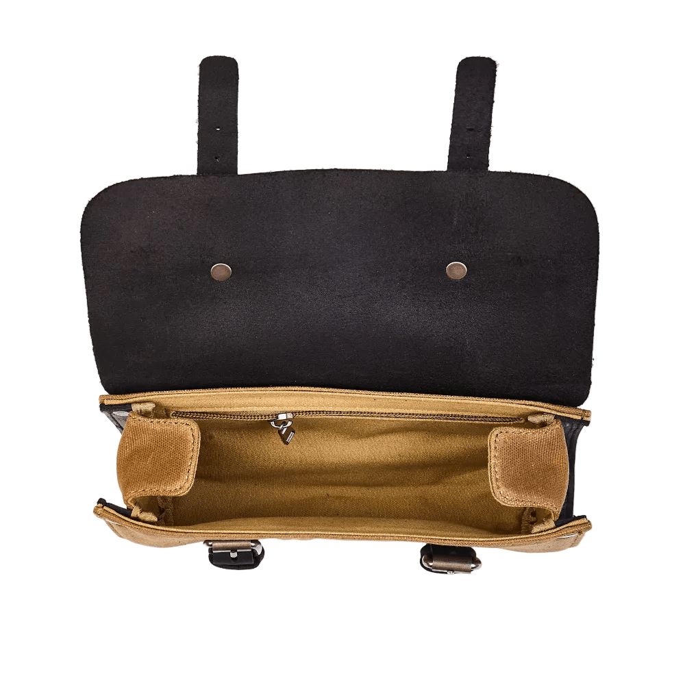 Retro motorcycle tool bag open showing contents – waxed canvas construction – Savile Speed Co.