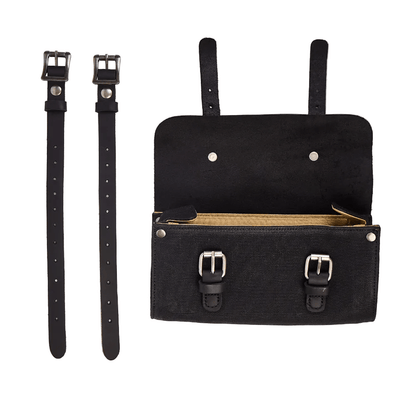 Savile Speed retro motorcycle tool bag mounted on bike – quick-release strap system – cafe racer accessory – Savile Speed Co.