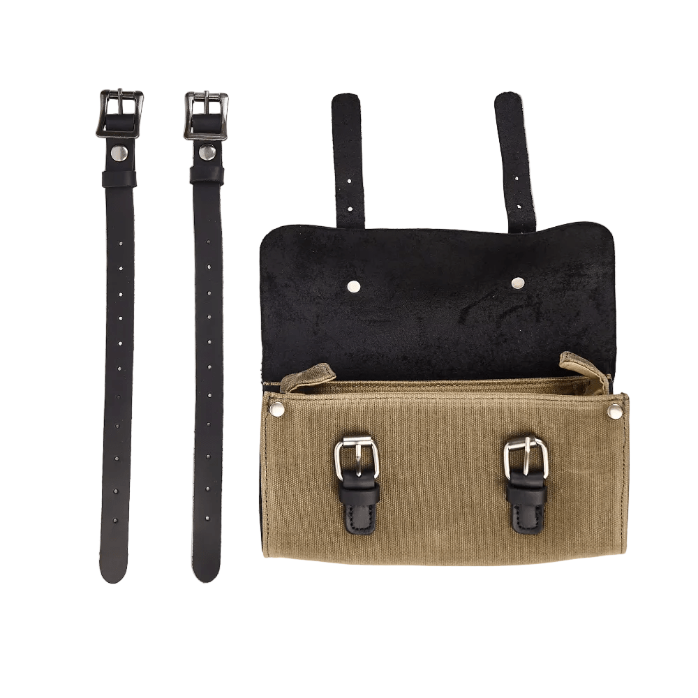 Motorcycle tool bag hardware detail – brushed metal clasps – vintage riding accessory – Savile Speed Co.